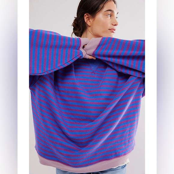Free People We The Free Classic Striped Oversized Crewneck Blue Combo Size Small - Picture 2 of 10